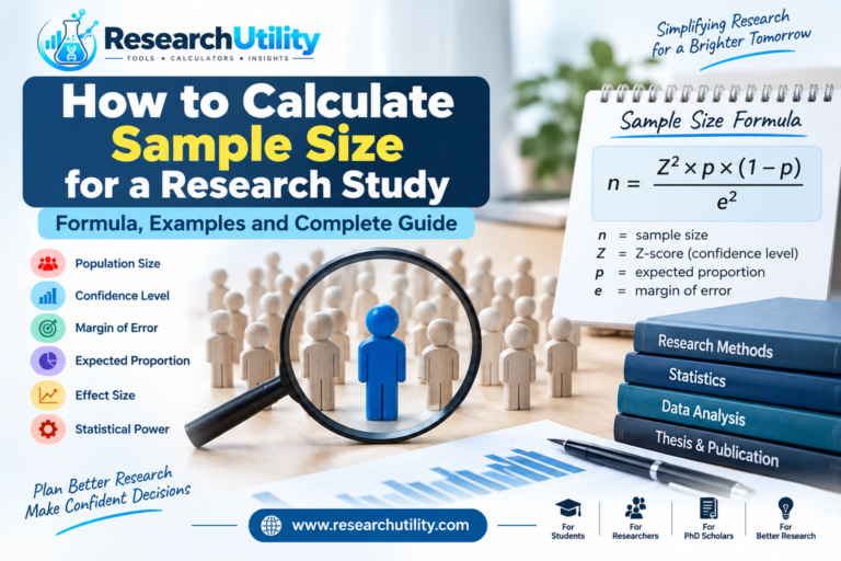 Sample size calculation guide showing research population, sample size formula, confidence level, margin of error, effect size, and statistical power